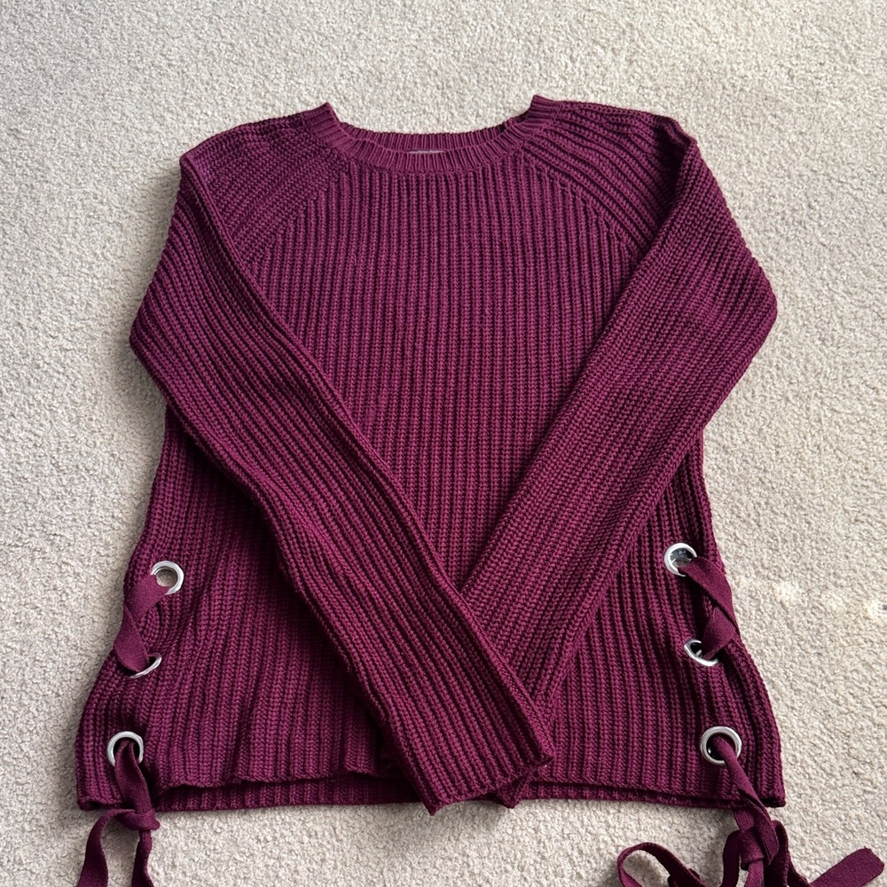Burgundy Knit Sweater with Side Lace-Up Detail